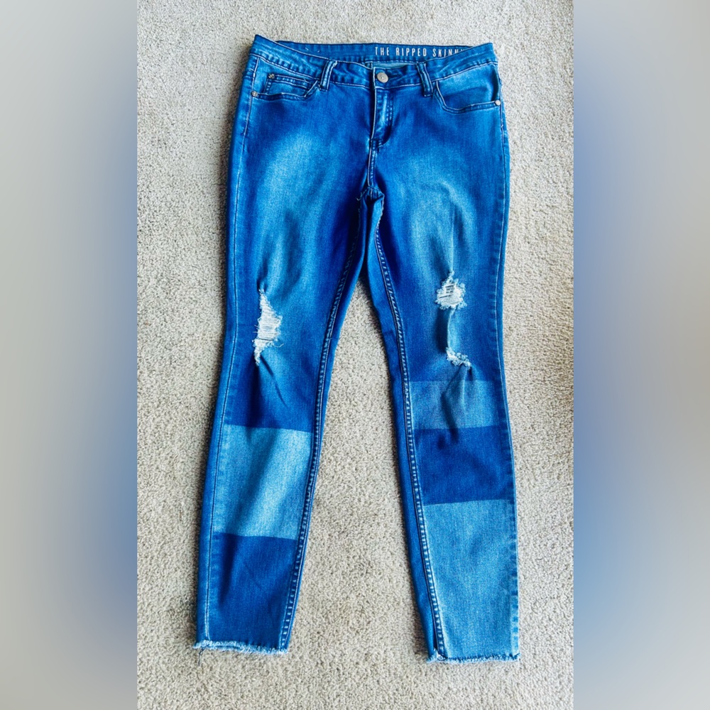 COTTON ON -THE RIPPED SKINNY JEANS TWO TONE WASH DENIM